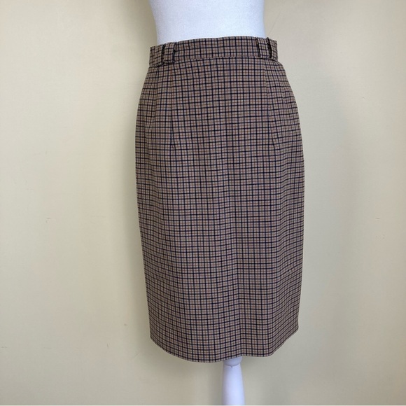 Vintage 80s Plaid Wool Blend Pencil Midi Skirt Tan/Blue Academia Preppy Sz XS - Picture 2 of 15